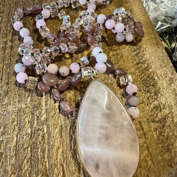 Bohemian Natural Stone Glass Knot Pendant Necklace | Gift Box Included , Pink Q - Picture 1 of 12